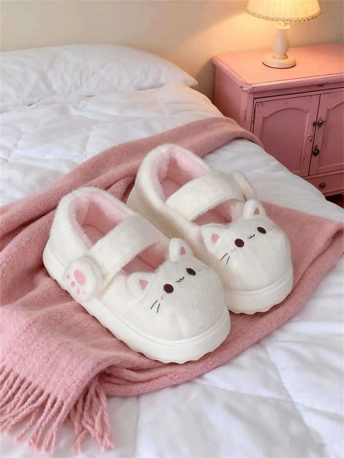 Fuzzy Cat Slippers — Soft Furry House Shoes