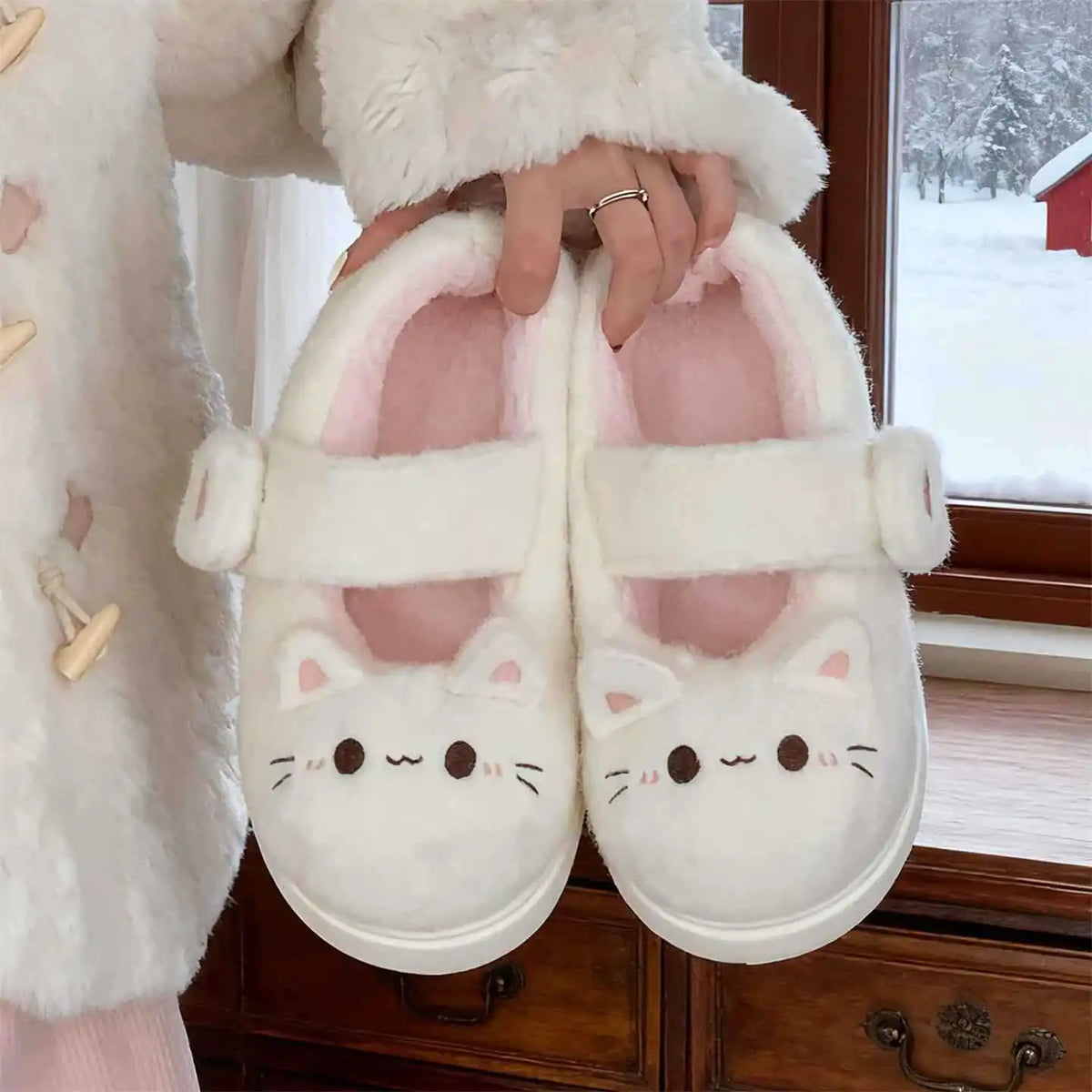 Fuzzy Cat Slippers — Soft Furry House Shoes